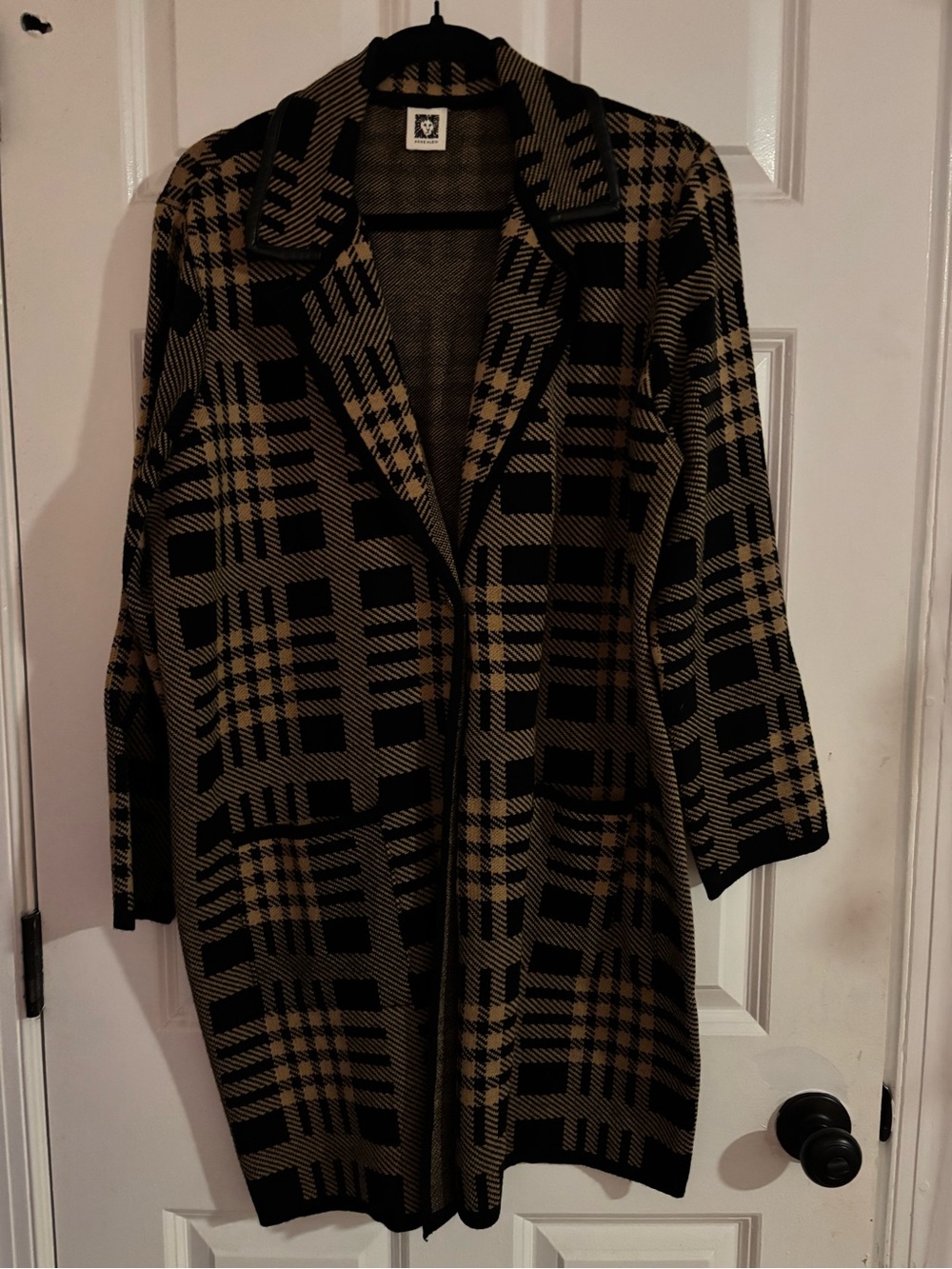 Anne Klein Black and Tan Plaid Open Front Coatigan